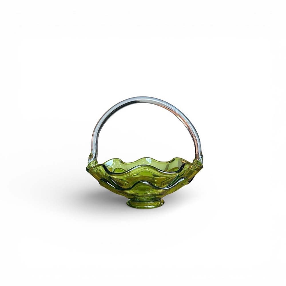 VTG Viking Glass Basket, Avocado Olive Green, Ruffled Bowl, MCM
